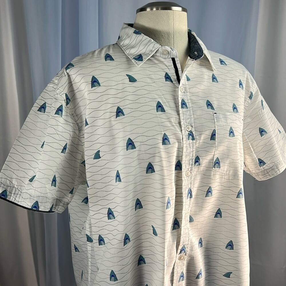Rebel James and Charli white and blue shark men's collared cotton button up XXL